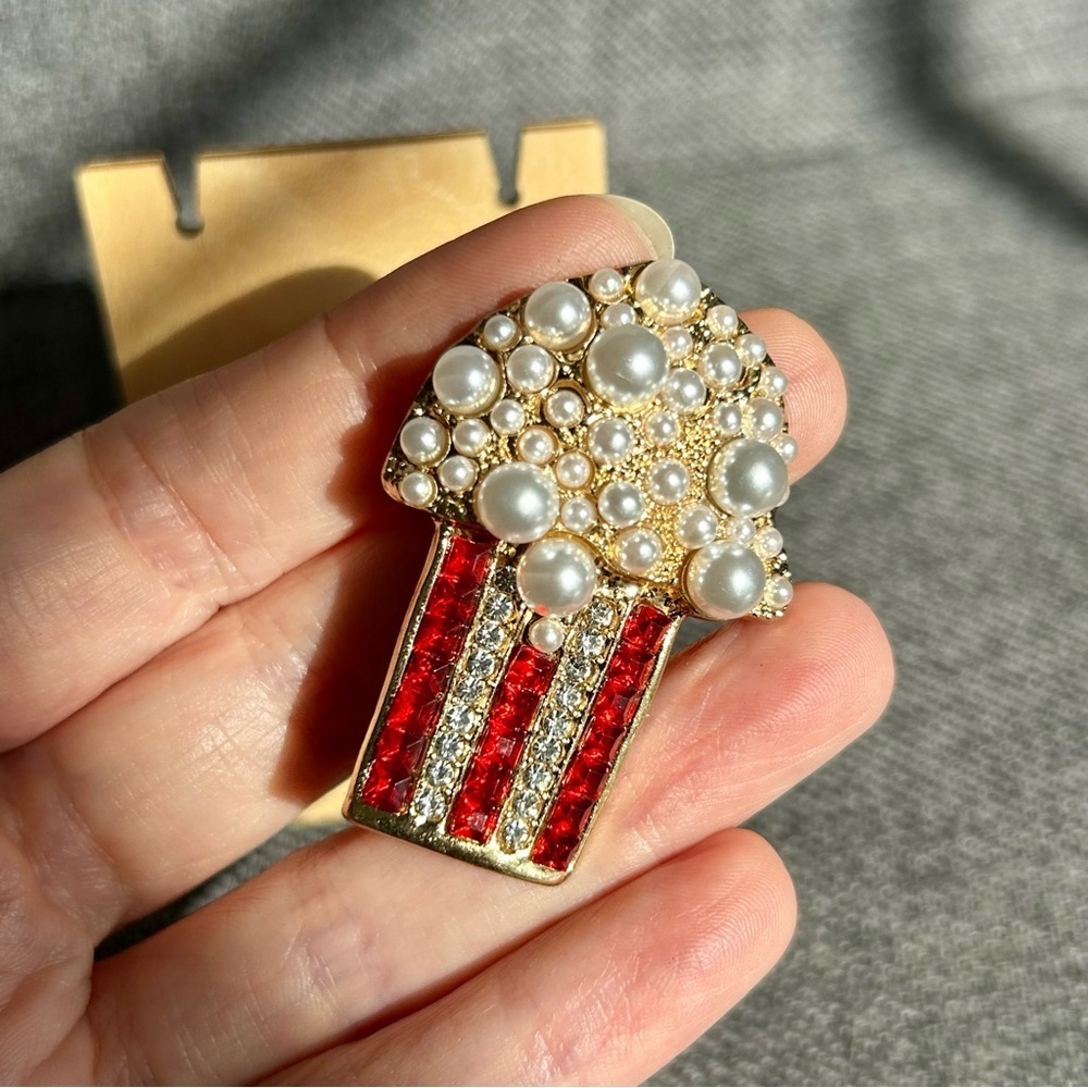 Red White Gold Rhinestone Popcorn Bucket Fashion Brooch Pin - Picture 11 of 17